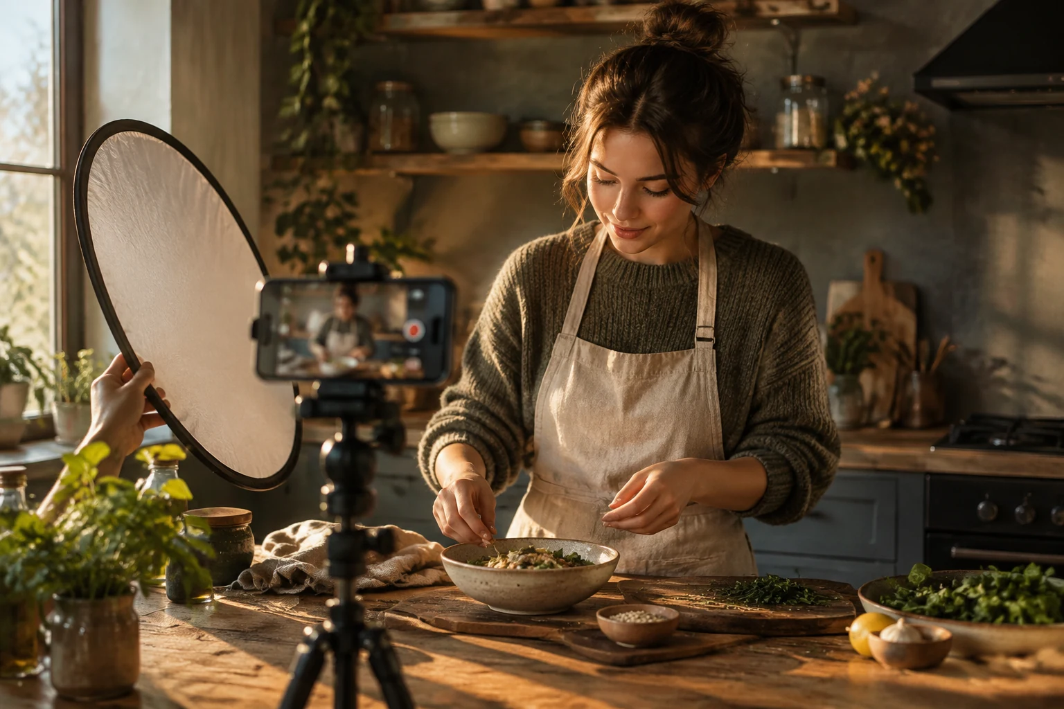 Creator filming a cooking video with a phone on a tabletop tripod