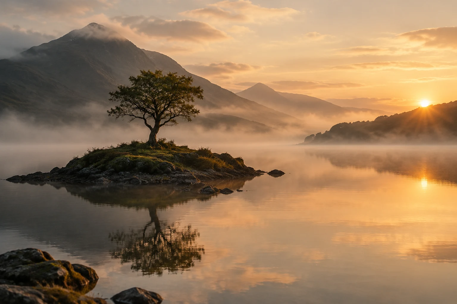 Misty Highland loch at sunrise