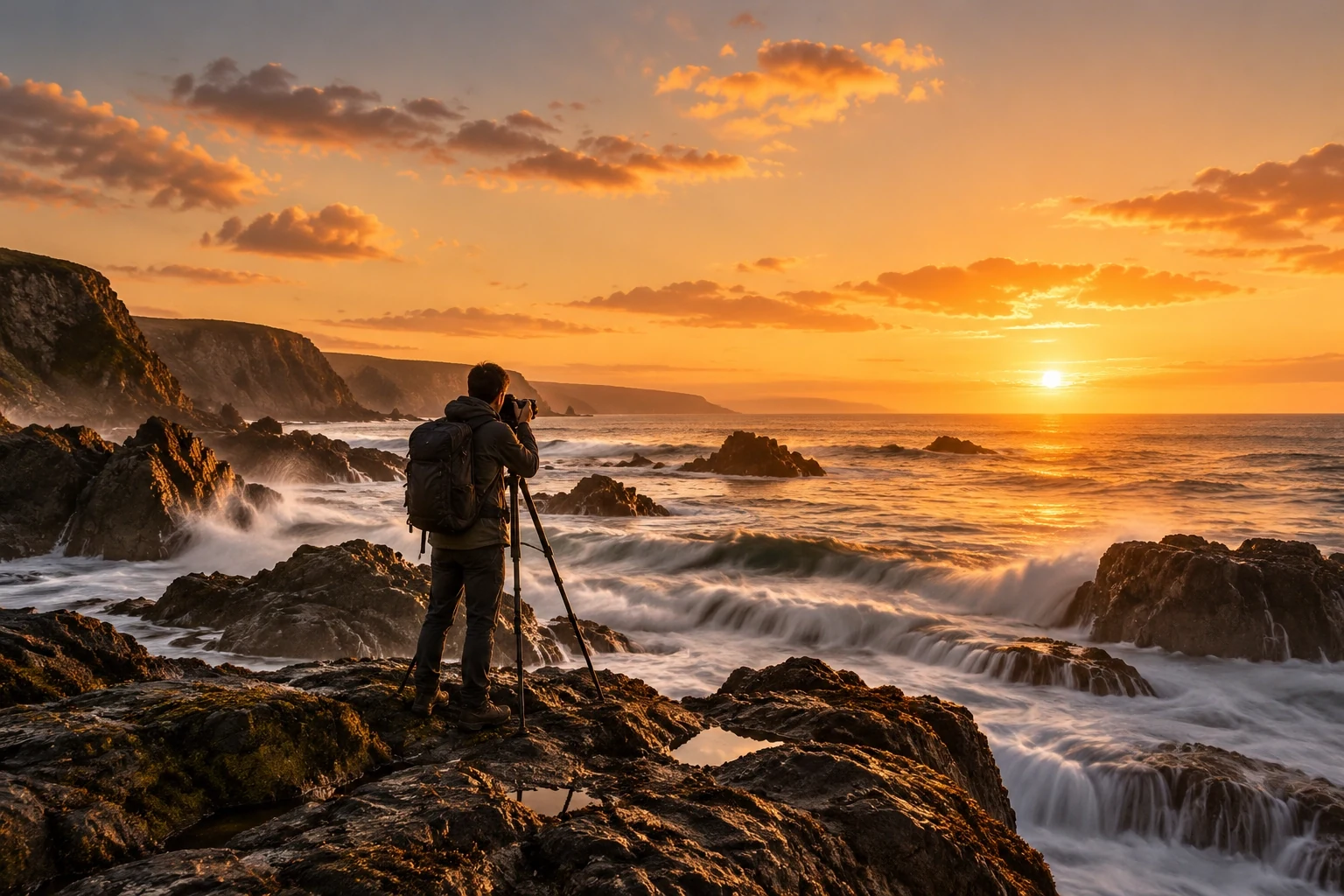 Photographer on rocks at sunset