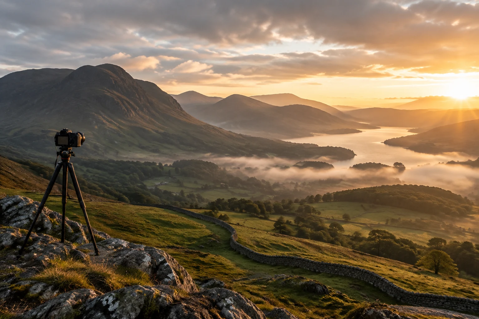 Tripod above a misty valley