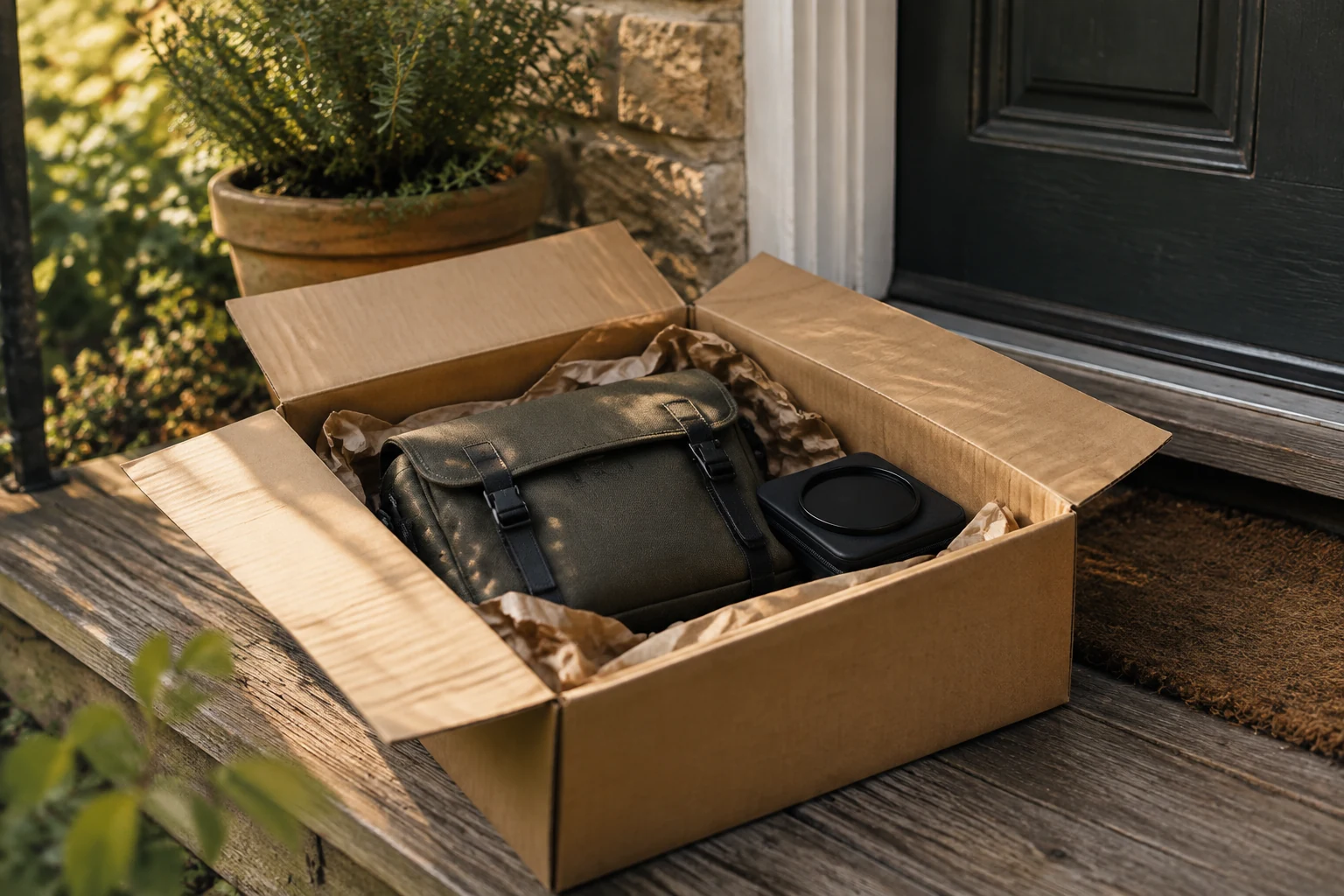 Parcel with a camera bag inside on a doorstep