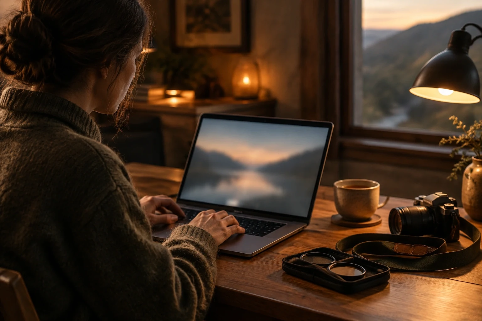 Laptop on a desk next to a camera strap and filter case