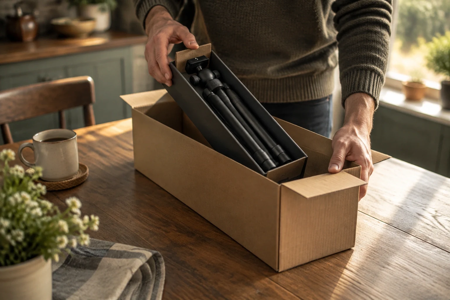 Hands packing a boxed tripod into a parcel