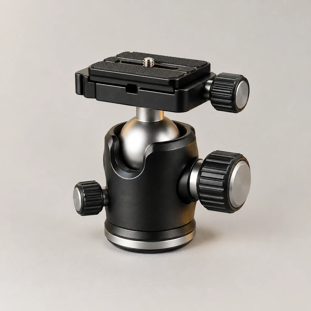 Black and silver tripod ball head with quick-release plate