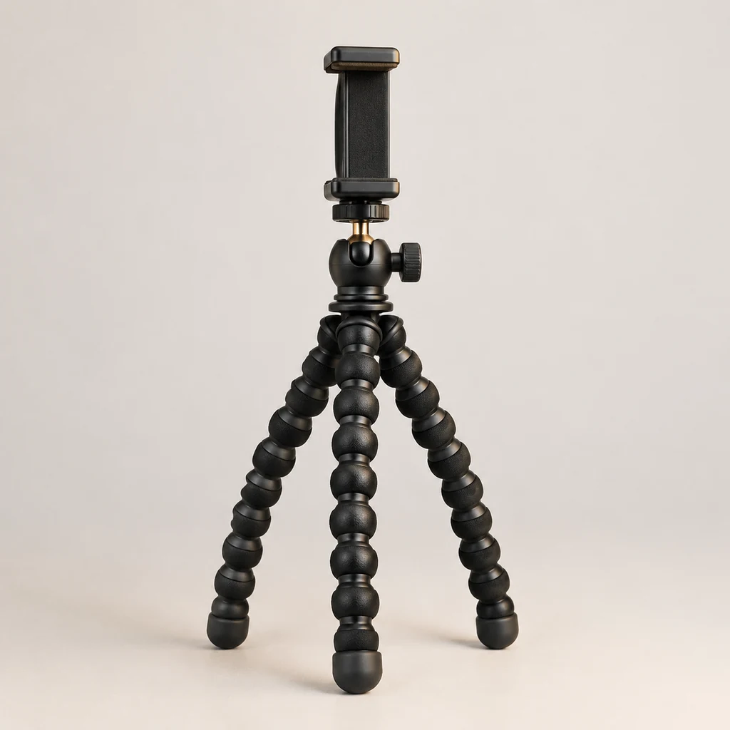 Flexible tabletop tripod with bendable legs and phone clamp